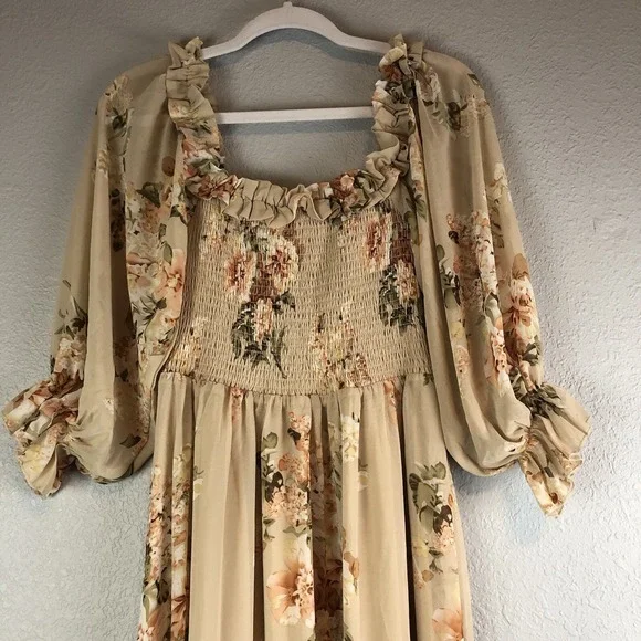 Aakaa Womens Babydoll Maxi Dress Small Floral Smocked Boho Cottagecore Elegant - Picture 11 of 12